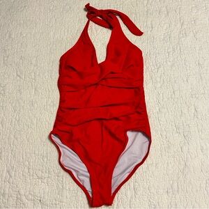 Unbranded One Piece Red Swimsuit Size Small Halter Tie Ruched Tummy Control